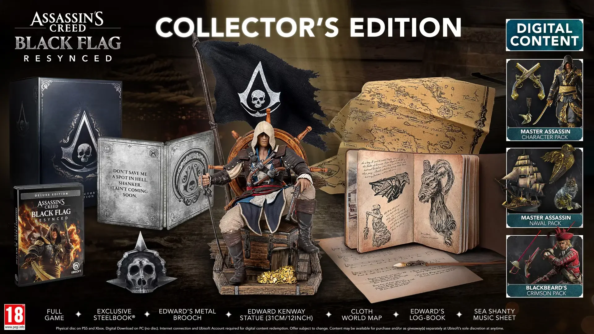 Assassin's Creed Black Flag Resynced Collector's Edition: full contents with statue, box, steelbook, brooch, map and log-book