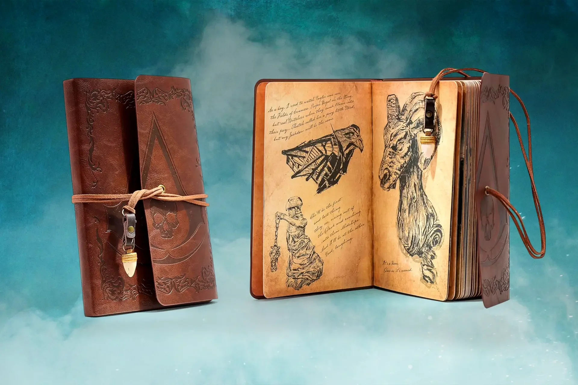 Hand-bound leather log-book, closed and open on hand-illustrated pages