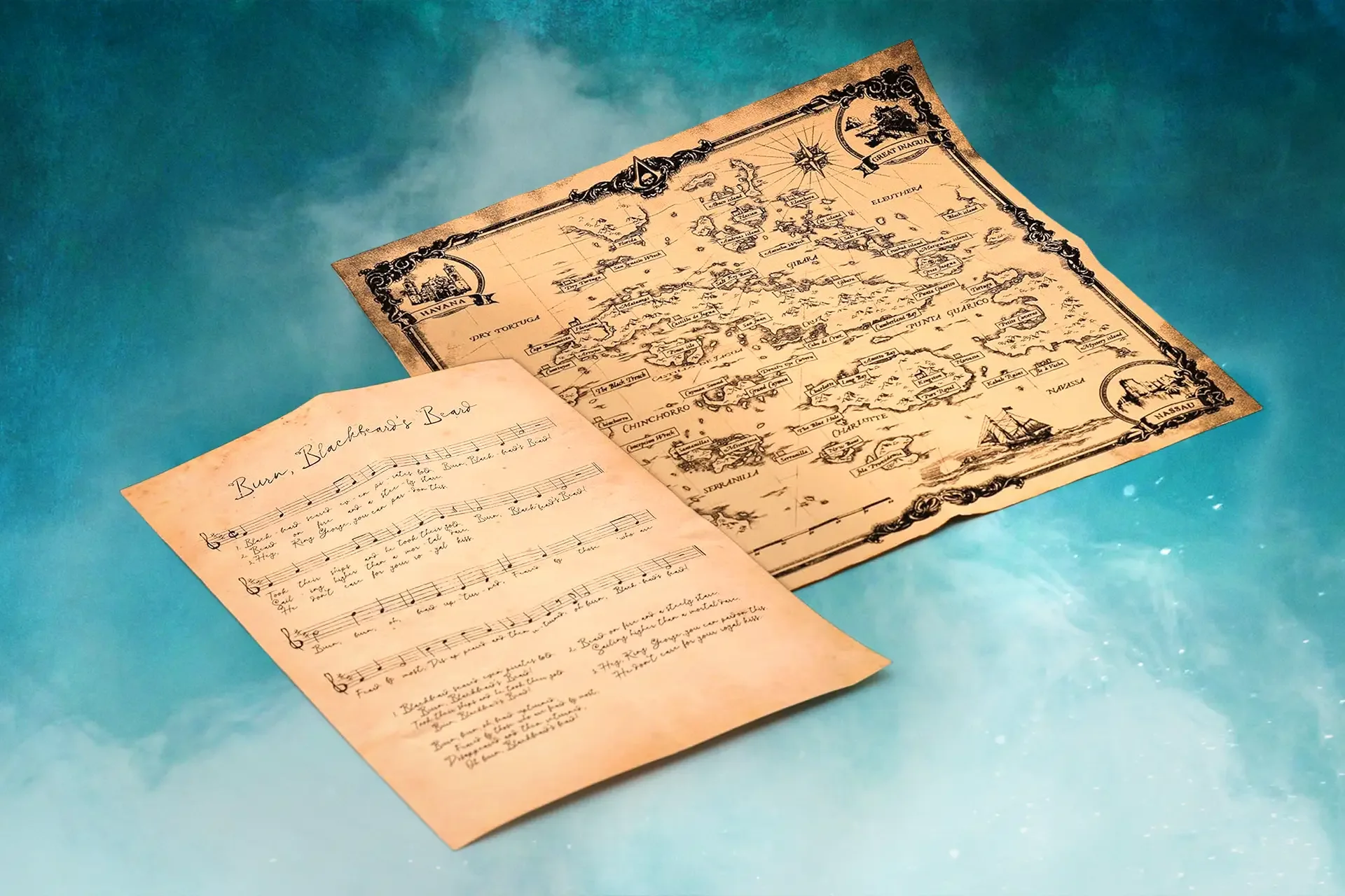 Cloth world map of the Caribbean and sea shanty music sheet