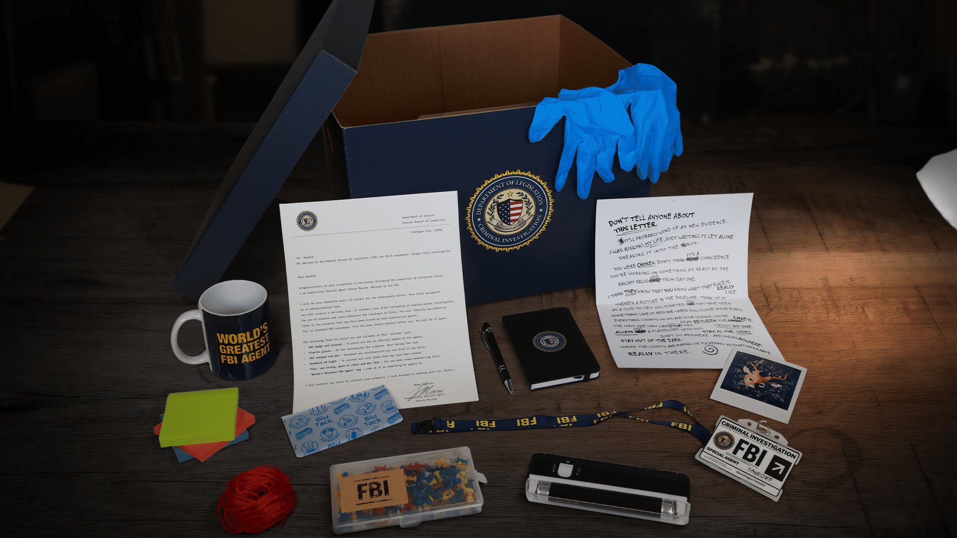 Alan Wake 2 influencer kit - FBI welcome box with badge, gloves and case letter