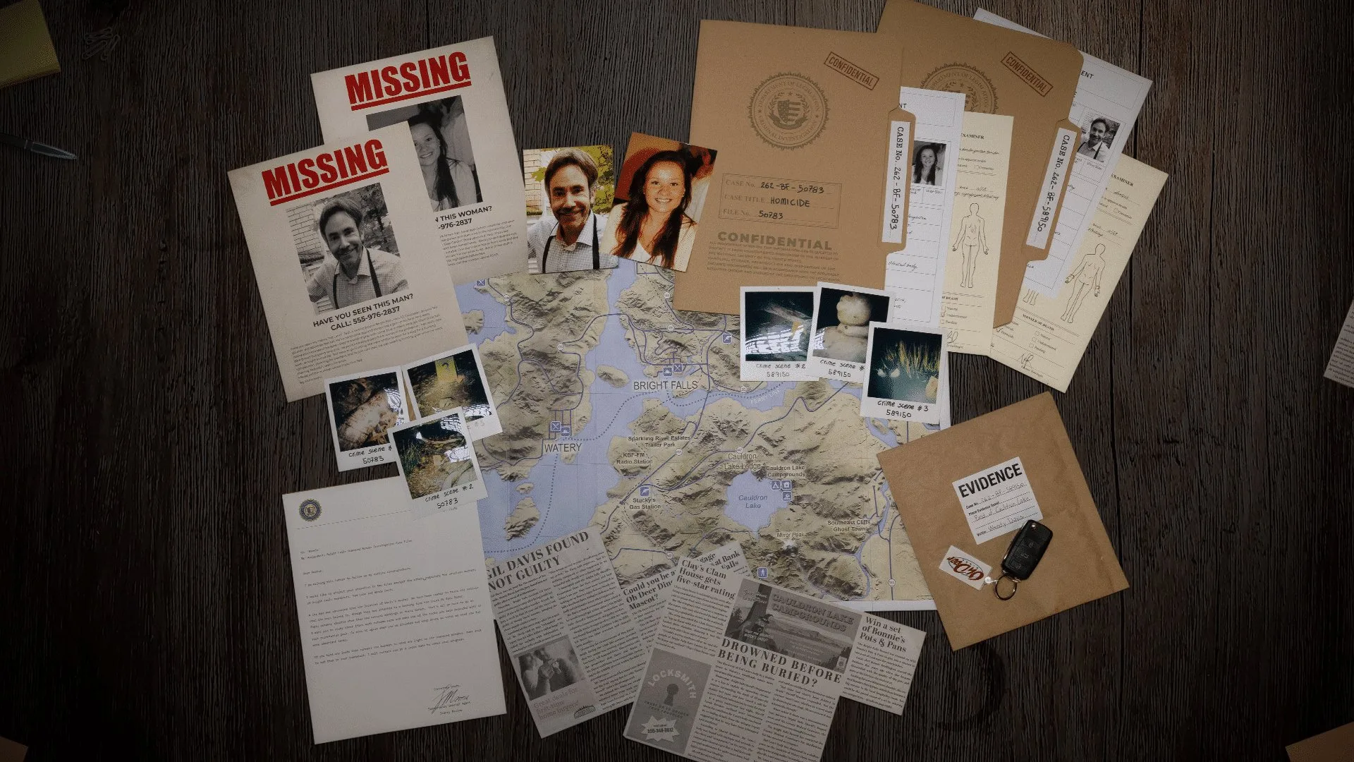 Bright Falls map with missing posters and confidential case files