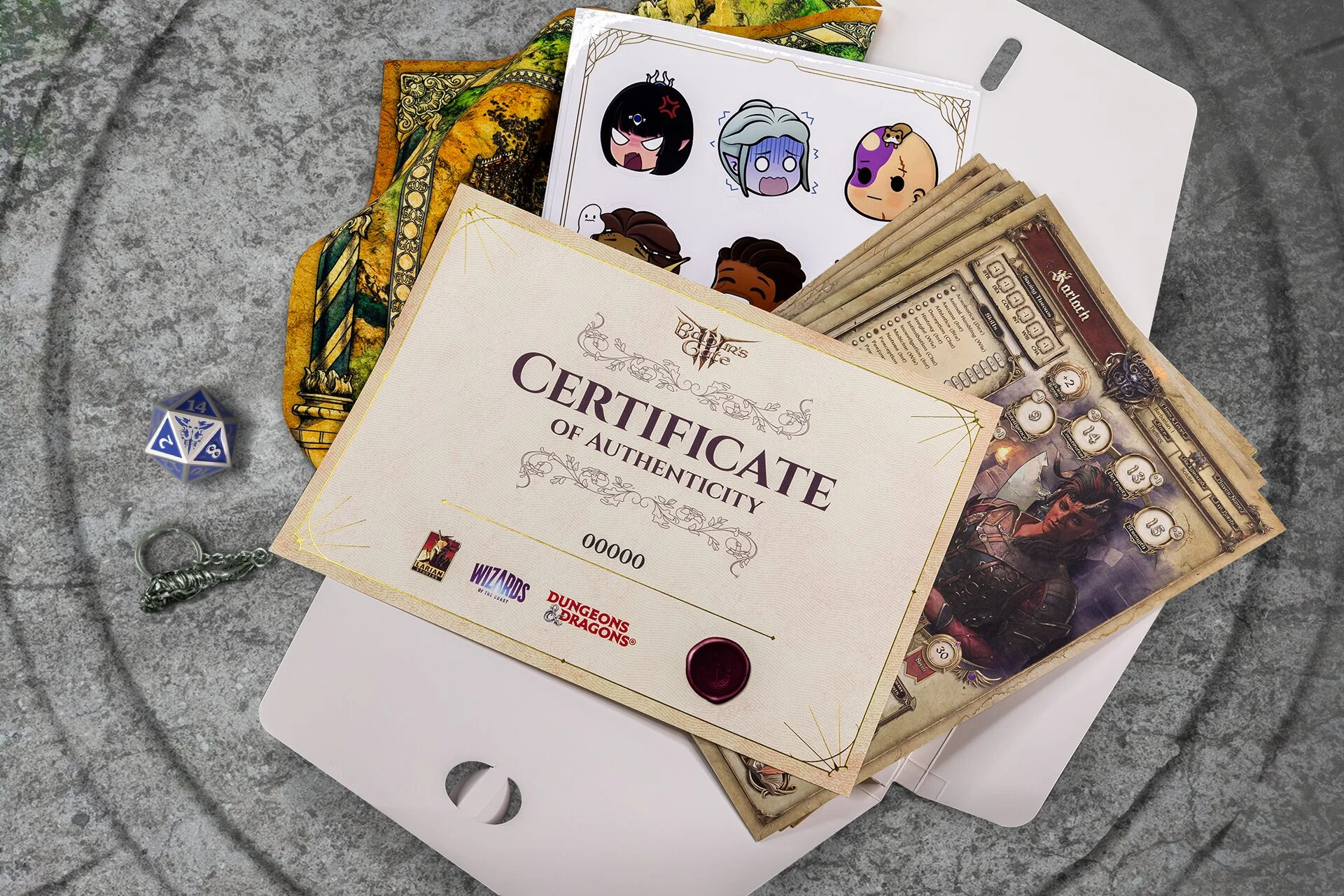Numbered certificate of authenticity, character sheets, stickers and map in the branded envelope