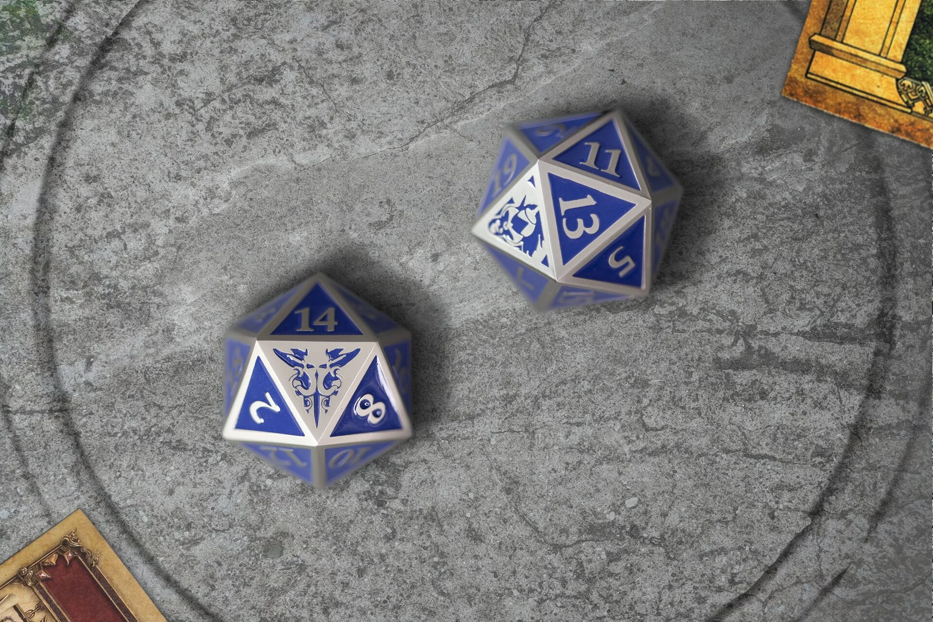 Premium alloy d20 icosahedron in blue enamel and silver