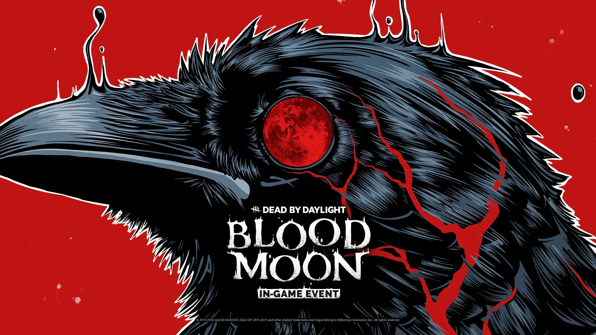 Dead by Daylight Blood Moon event key art: a raven with a blood-red moon eye