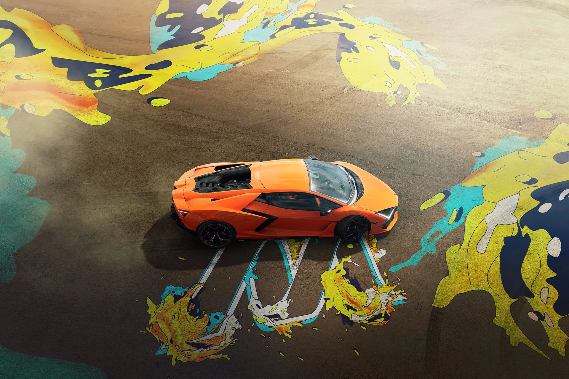 The Crew Motorfest lead key art: an orange supercar drifting through graffiti-like waves of warm colour