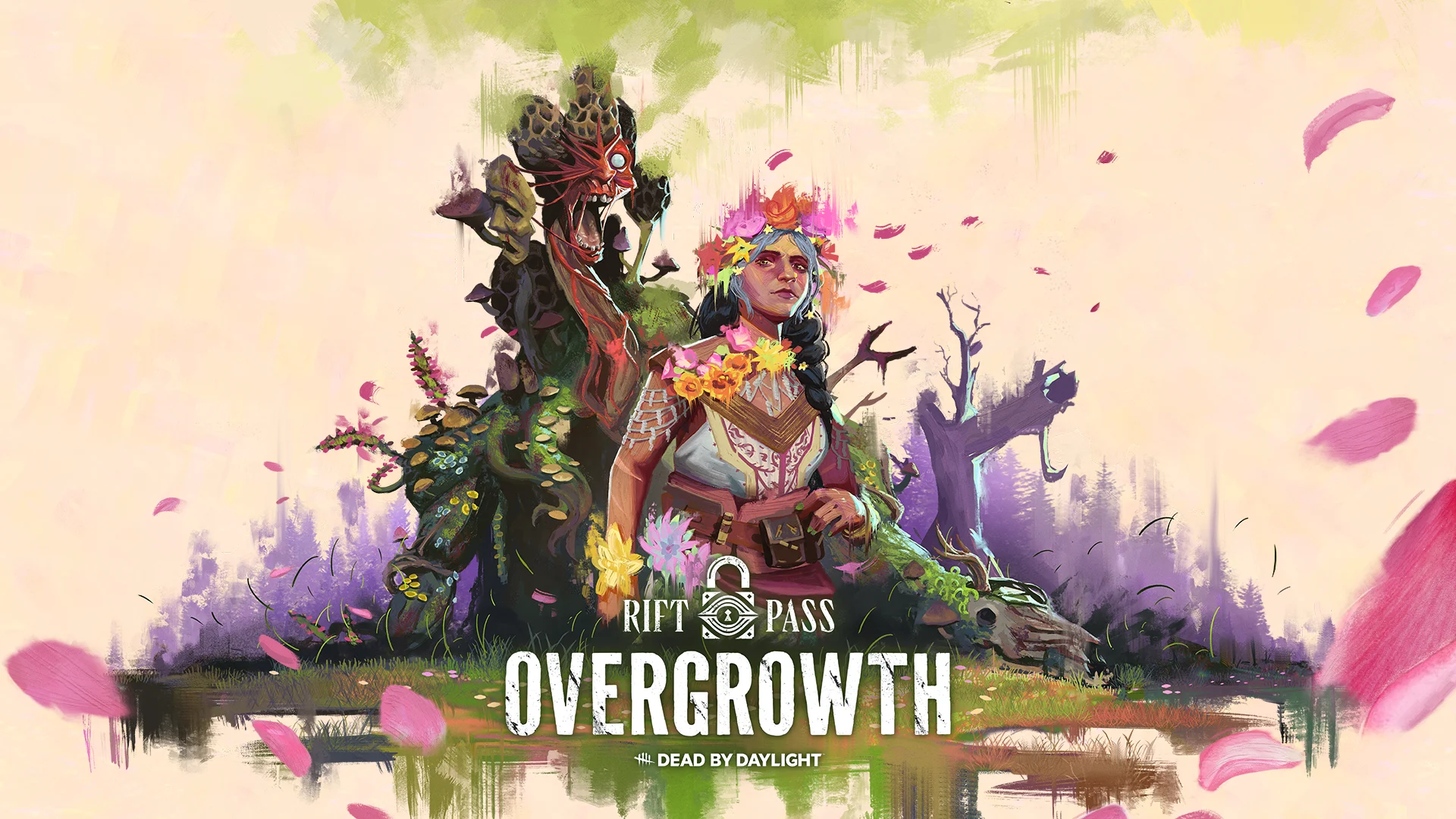 Dead by Daylight Overgrowth Rift key art: Haddie Kaur in a flower crown before The Dredge in a painted garden of nightmares