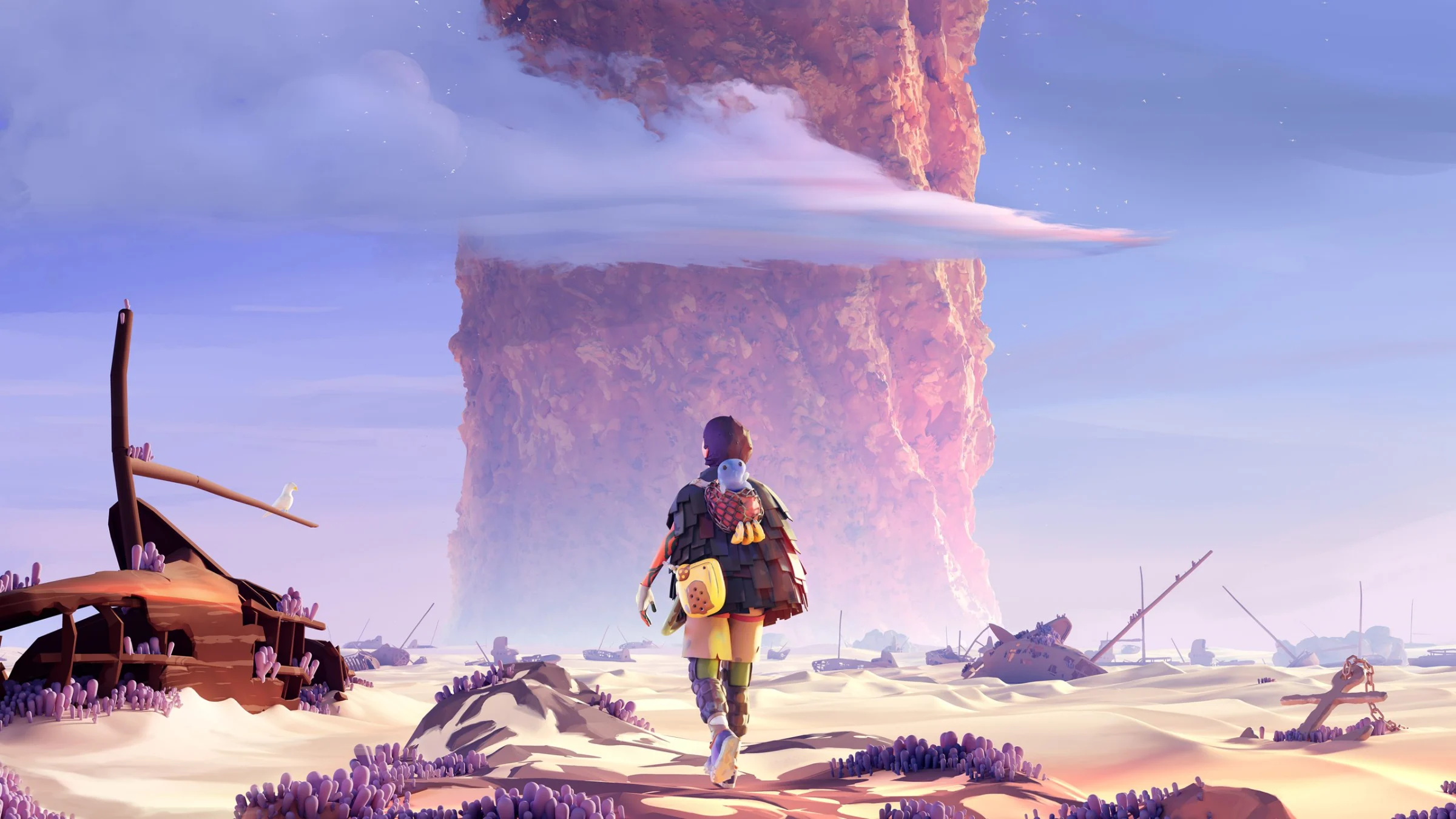Jusant: the climber walks across the dry seabed toward the towering spire