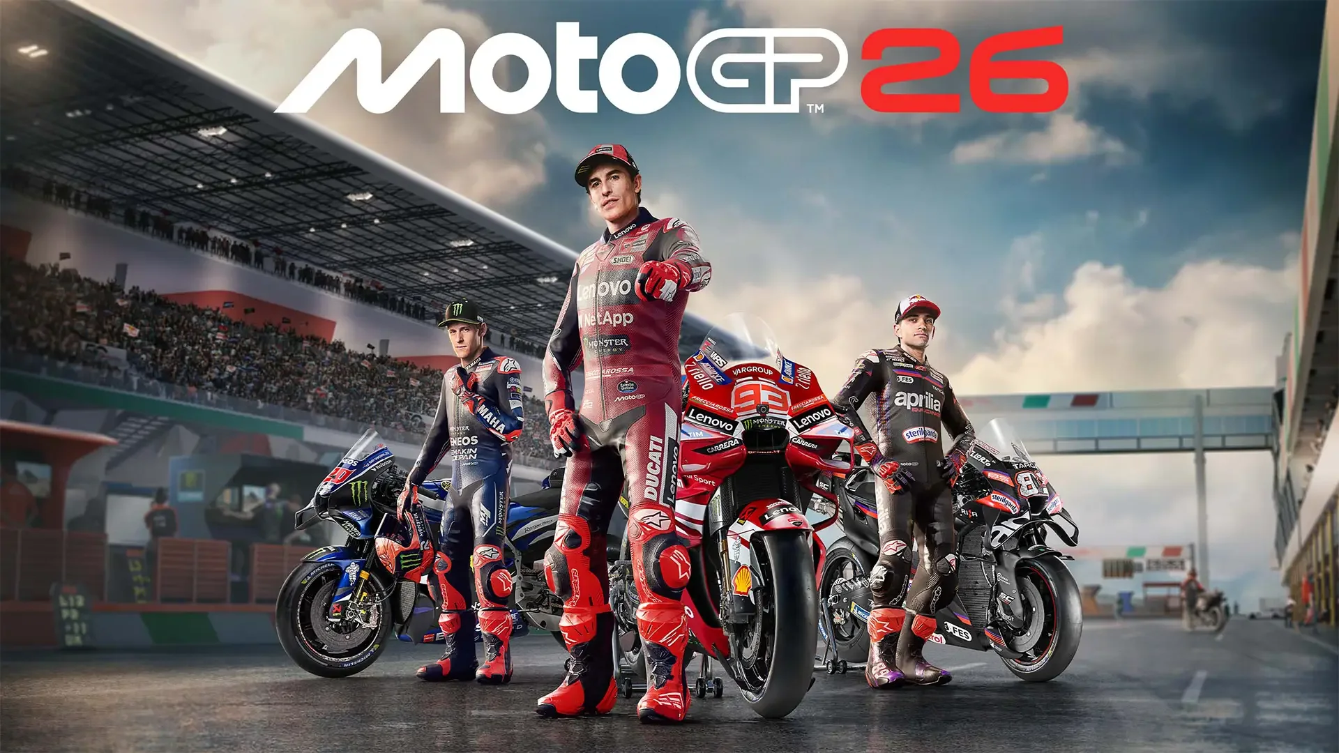 MotoGP™26 key art: official riders standing with their bikes on pit lane before a packed grandstand