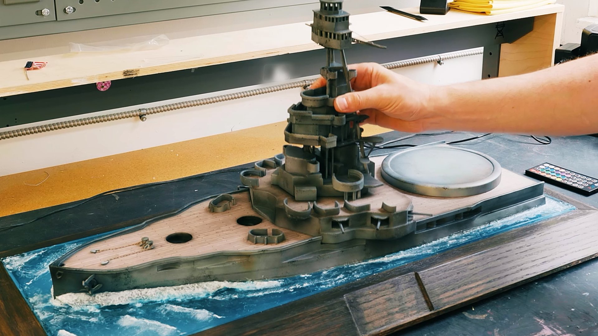 The 3D-printed USS Texas battleship being assembled at L'Atelier for World of Warships: Legends