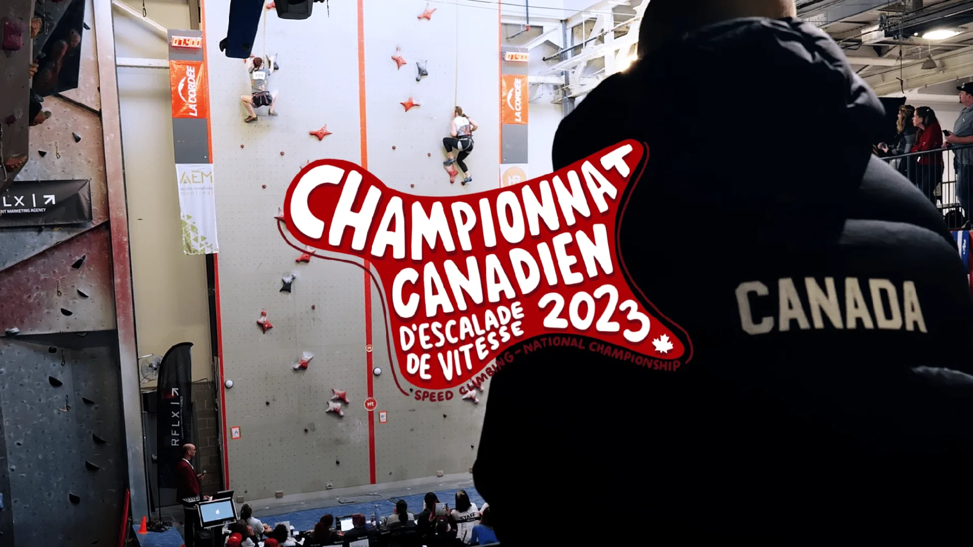 Championnat canadien d’escalade de vitesse 2023 branding over the speed wall