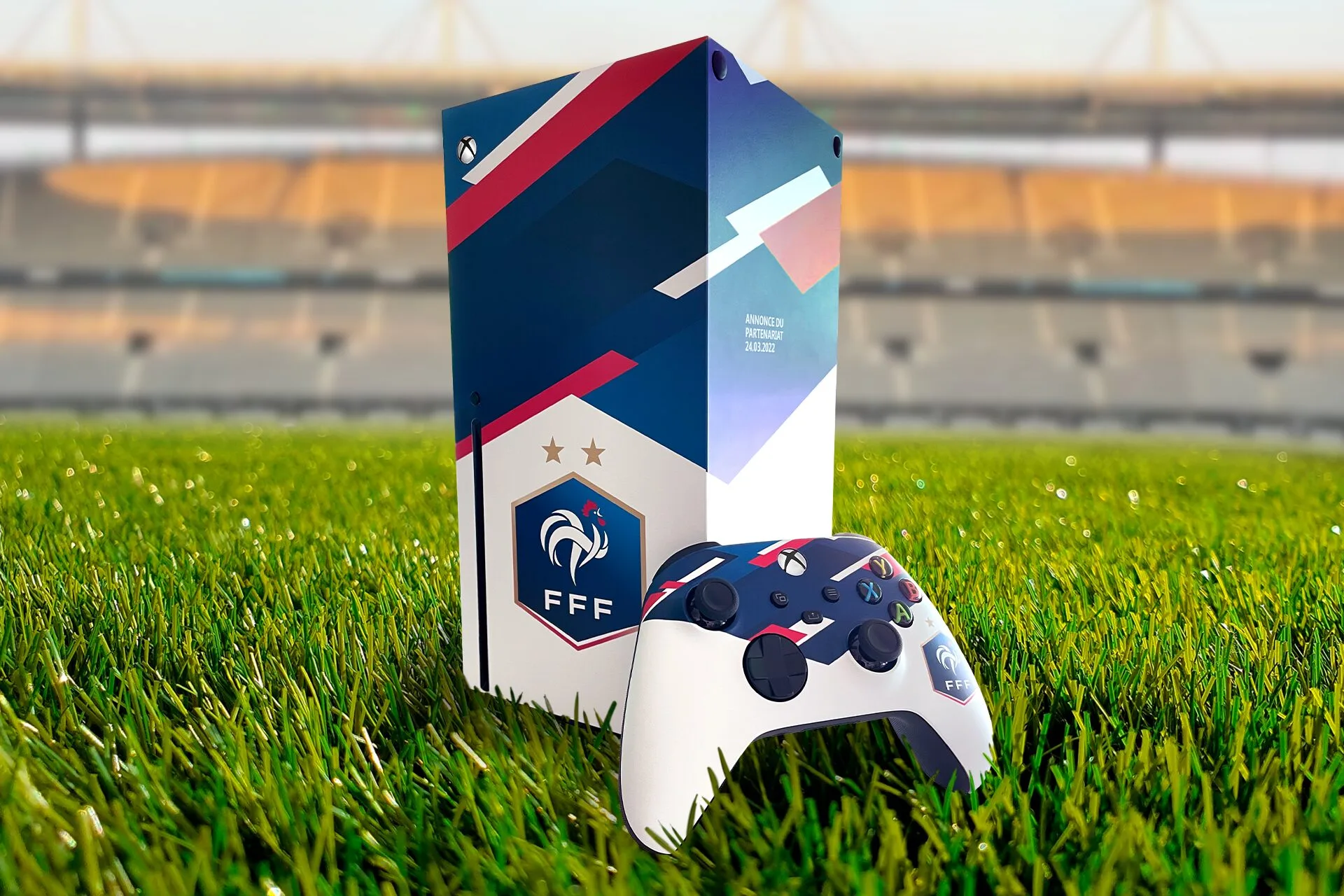 Custom FFF Xbox Series X and controller on the pitch at the Stade de France