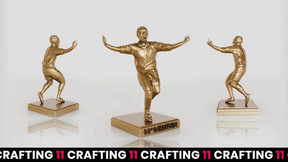 Gold trophy sculpture of the celebrated goal, three views