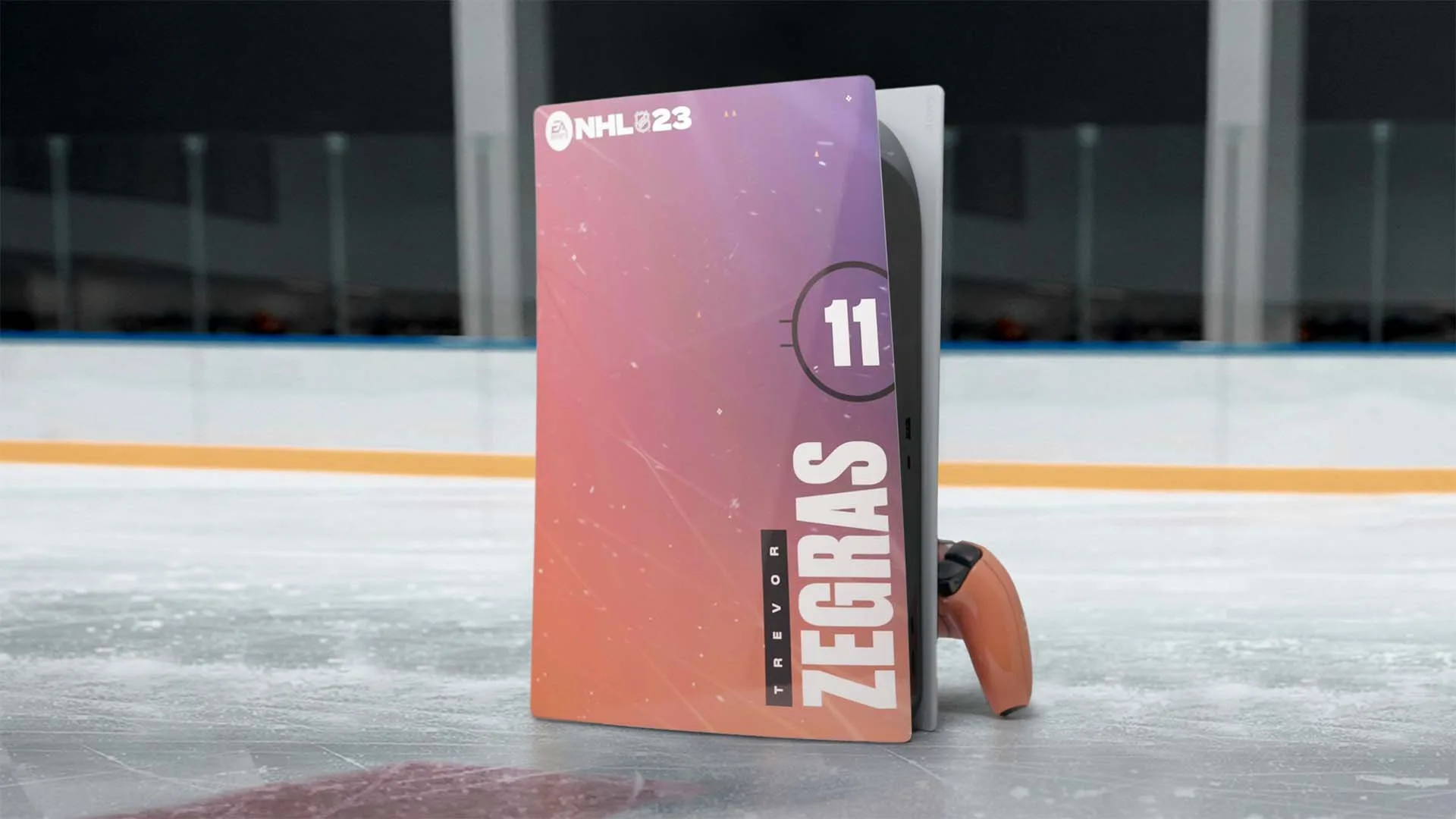 Reverse side of the custom PS5 with Trevor Zegras’ name and number 11